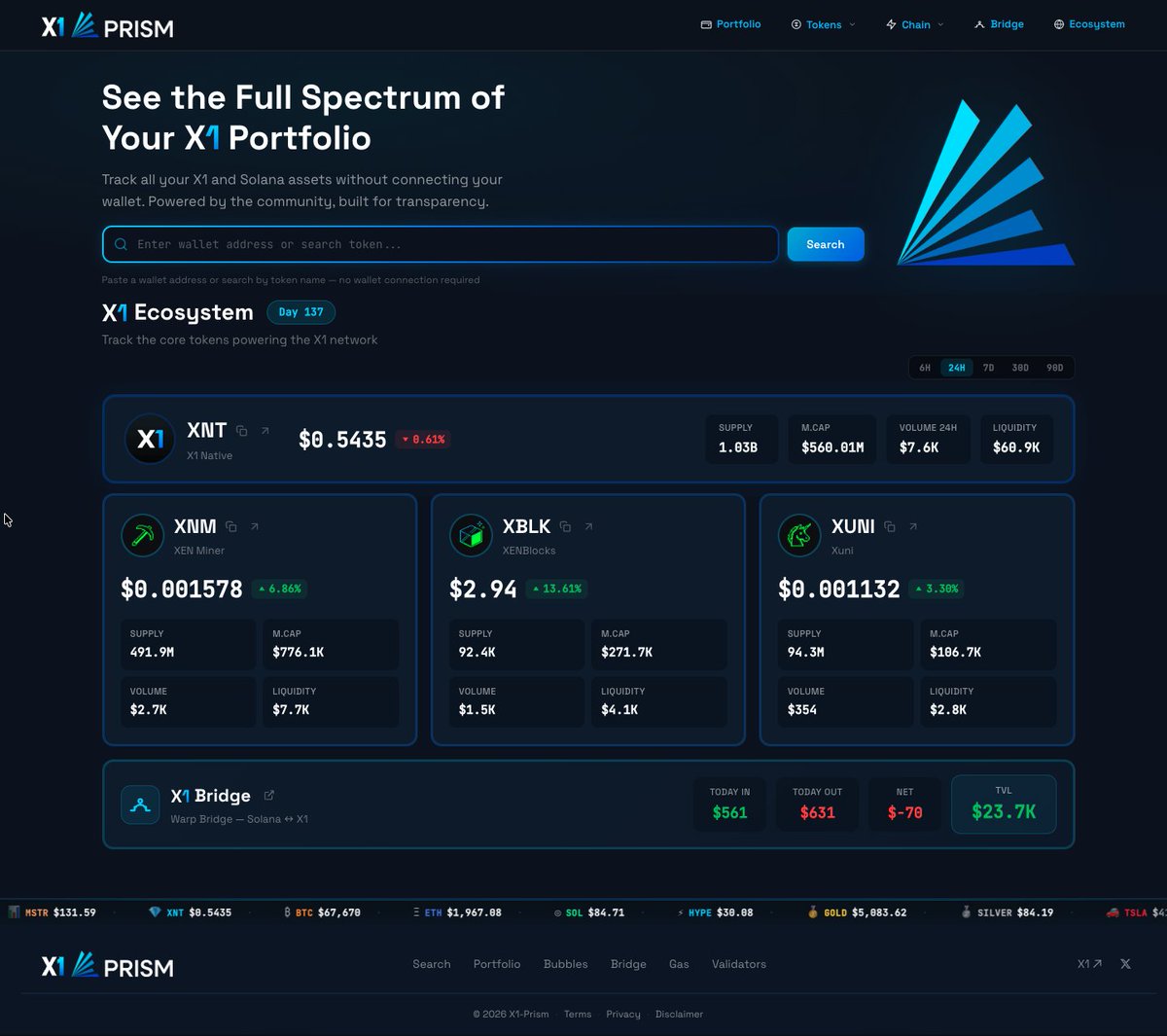 X1-Prism is live! 🔷

x1prism.com or x1prism.xyz 

A free portfolio tracker &amp; analytics dashboard for the X1 ecosystem.

🔹 Paste any wallet to see your holdings — no wallet connection needed
🔹 Save a portfolio of wallets with real-time price updates &amp;