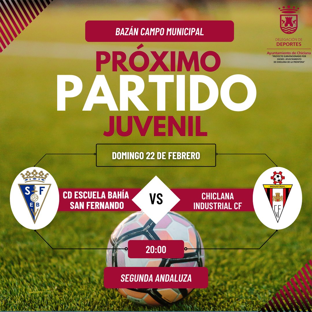 ⚔️¡Vikingos hoy jugamos!⚔️
⚽Hoy es... DIA DE JUVENIL⚽
🆚 CD Escuela Bahía San Fernando 
🗓️Domingo 22 de Febrero
⌚️20:00h.
🏟️Bazán Campo Municipal