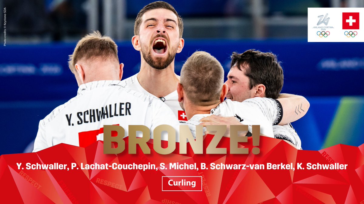 swissteam's tweet photo. Bronze für die Curler Yannick Schwaller, Pablo Lachat-Couchepin, Sven Michel, Benoît Schwarz-van Berkel und Kim Schwaller🥉🥌

***

Médaille de bronze pour les curleurs Yannick Schwaller, Pablo Lachat-Couchepin, Sven Michel, Benoît Schwarz-van Berkel et Kim Schwaller🥉🥌 https://t.co/hTePFJtC3d