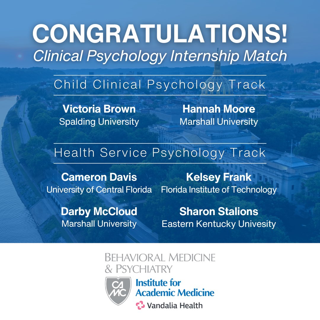 CAMCBMedIAM's tweet photo. The Behavioral Medicine and Psychiatry department is thrilled to announce the incoming Clinical Psychology interns! We look forward to welcoming these outstanding individuals to Vandalia Health CAMC in the upcoming academic year. https://t.co/nOEulpn2FF