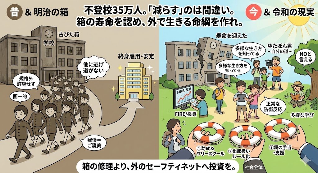 tomozou42545966's tweet photo. 不登校35万人、これを
「減らす」という発想自体が、
そもそも間違っています！

どうすれば子どもたちを学校に戻せるか？
 世間ではいつもそんな議論ばかりです

でも、
 35万人という数字が示しているのは、
子どもたちの異常ではありません

 明治時代から続く『学校』という
規格外を許さない古びた箱が、
完全に寿命を迎えたという事実です

ここで必ず言われるのが、
昔の子はなぜ不登校にならなかったの？ 

今の子が弱くてガマン足りないだけじゃないの？
という疑問です。

違います
決して子どもが
弱くなったわけではありません

昔は、その息苦しい画一的な箱を
我慢して卒業すれば、
終身雇用や右肩上がりの経済という
「確かなご褒美」が
社会に用意されていました

他に逃げ道も情報もなく、
「学校に行かない＝人生の終わり」
という時代だったから
親も子も理不尽に耐えて
しがみつくしかなかったんです

でも、今はどうでしょう
 箱を我慢した先のご褒美（安定）は
とっくに崩壊しました

今は投資でFIREを目指すなど、
「一つの場所で働き続ける」だけでなく
「お金に働いてもらう」
生き方すら珍しくない時代です

さらにスマホを開けば、
ゆたぼん君のように（賛否両論あるにせよ）
「学校に行かずに自分の道を生きる」
という選択肢を体現している同世代の姿が、
当たり前のように目に入ってきます

令和の子どもたちは、
すでに「多様な生き方」が
あることを知っているのです

だから、
コロナの制限を経験していない
6〜7歳の小さな子どもたちでさえ、
学校を拒否するケースが増えています

全員が同じ時間に、同じことを、
同じペースでやらされる
古いシステムそのものが、
本能的に不自然で苦痛だからです

実は、
次期学習指導要領の重要なキーワードに 
「（障害の）社会モデル」という言葉があります

これは
「困難の原因は個人の心身にあるのではなく、 
社会や環境の側が作り出している」
という考え方です
これを今の学校に当てはめれば、
事の本質が見えてきます

子どもたちは「不登校」なのではなく、
 時代遅れになった環境に学びを阻まれているだけ
 「多様性の受け皿がない学校」や
「古い価値観の先生」という 
【環境】そのものが、
彼らに壁を作っているのです

むしろ、
合わない箱に無理やり
適応させようとする指導や圧力が、 
子どもたちの心を深く傷つけ、
 結果として「不登校」や
「心身の不調」という 
『二次障害』を生み出している。 

私たちはこの事実に、強く警鐘を鳴らすべきです。

彼らは「不登校」なのではなく、
時代遅れになった環境に学びを阻まれているだけ

 35万人の子どもたちは
弱くなったのではなく、
壊れたシステムに対して
この箱に自分の心と時間を預けるのは違う
と察知し、
NOを言えるようになっただけなのです

社会モデルを提示したところで、
この数字が変わるわけでもなく
さらに先生を追い詰めることにも
なりかねません

だから、無理に35万人という数字を
減らす必要はありません
箱から逃げるのは
心を壊さないための正常な防衛反応です

では、
今の大人が
本当に議論すべきことは何か？ 

それは子どもを箱に戻すための対症療法ではなく、
箱の外に避難した子どもと親を、
社会全体でどう支えるかです。

①特例校やフリースクールの助成
②「出席扱い」の迅速なルール化 
③お母さんたちが仕事を辞めずに済む手当と支援

これらは決して「甘え」ではありません
アメリカのように、
学校という箱の外でも教育を保障するための
絶対に不可欠な命綱です

日本では今、箱から出た瞬間に、
その重い負担がすべて
「親」にのしかかります。

フリースクールの高額な費用、
学校との交渉、
先の見えない不安。

これらすべてを親の自己責任にしているから、
お母さんたちが自分を責めて倒れてしまうんです。

子どもたちは無言で
古い箱にはもう入れない
と教えてくれています

 それなら私たちは、
箱の修理にこだわるのをやめ、
外の世界にたくさんの学びの場と、
親を守るセーフティネットを作ることに
本気でお金と制度を使うべきです

みんなはどう思う？