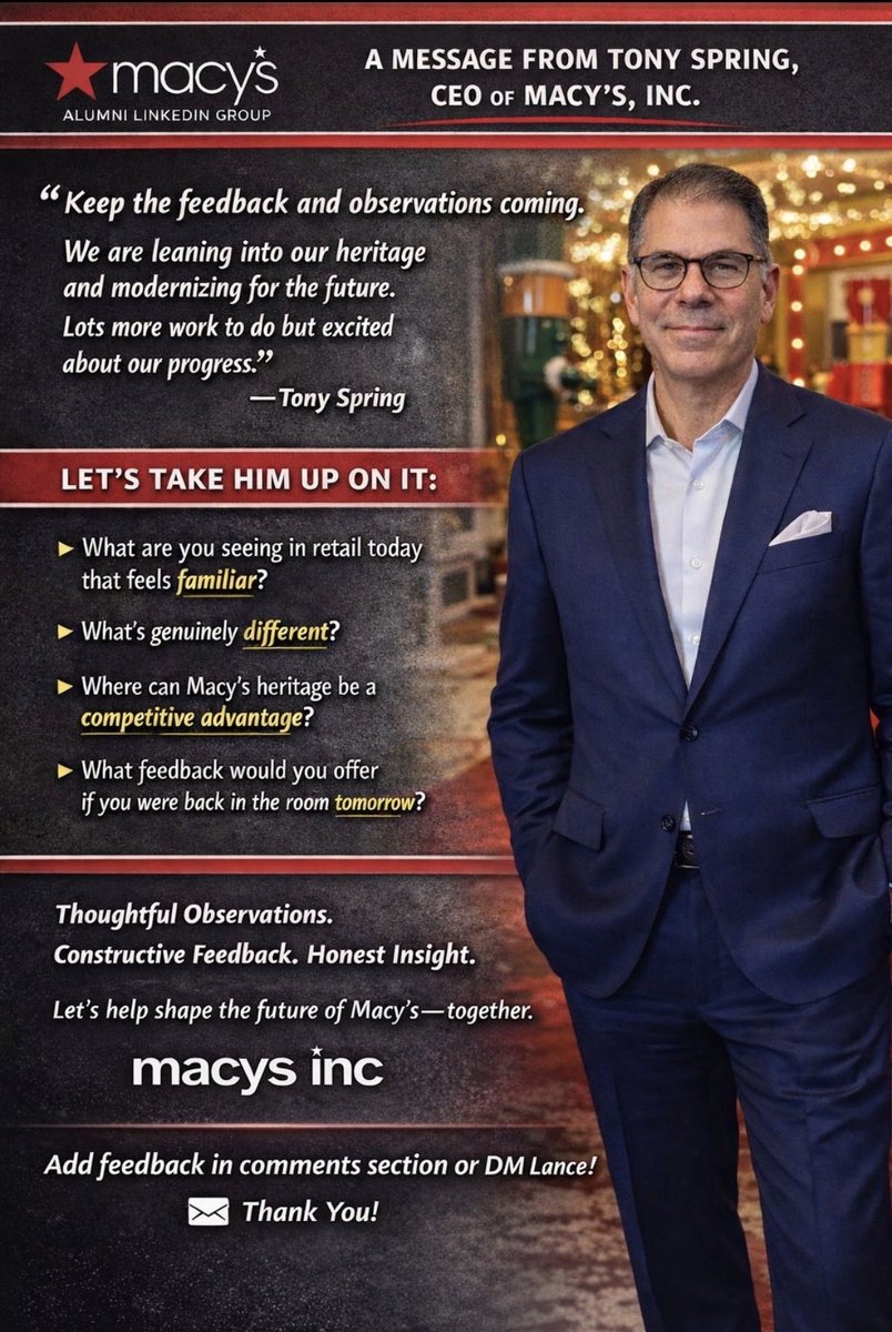 AnOUTFITforYOU's tweet photo. Let’s help Tony continue to rebuild @macys ! Let him hear your thoughts! https://t.co/GxnyHL604P