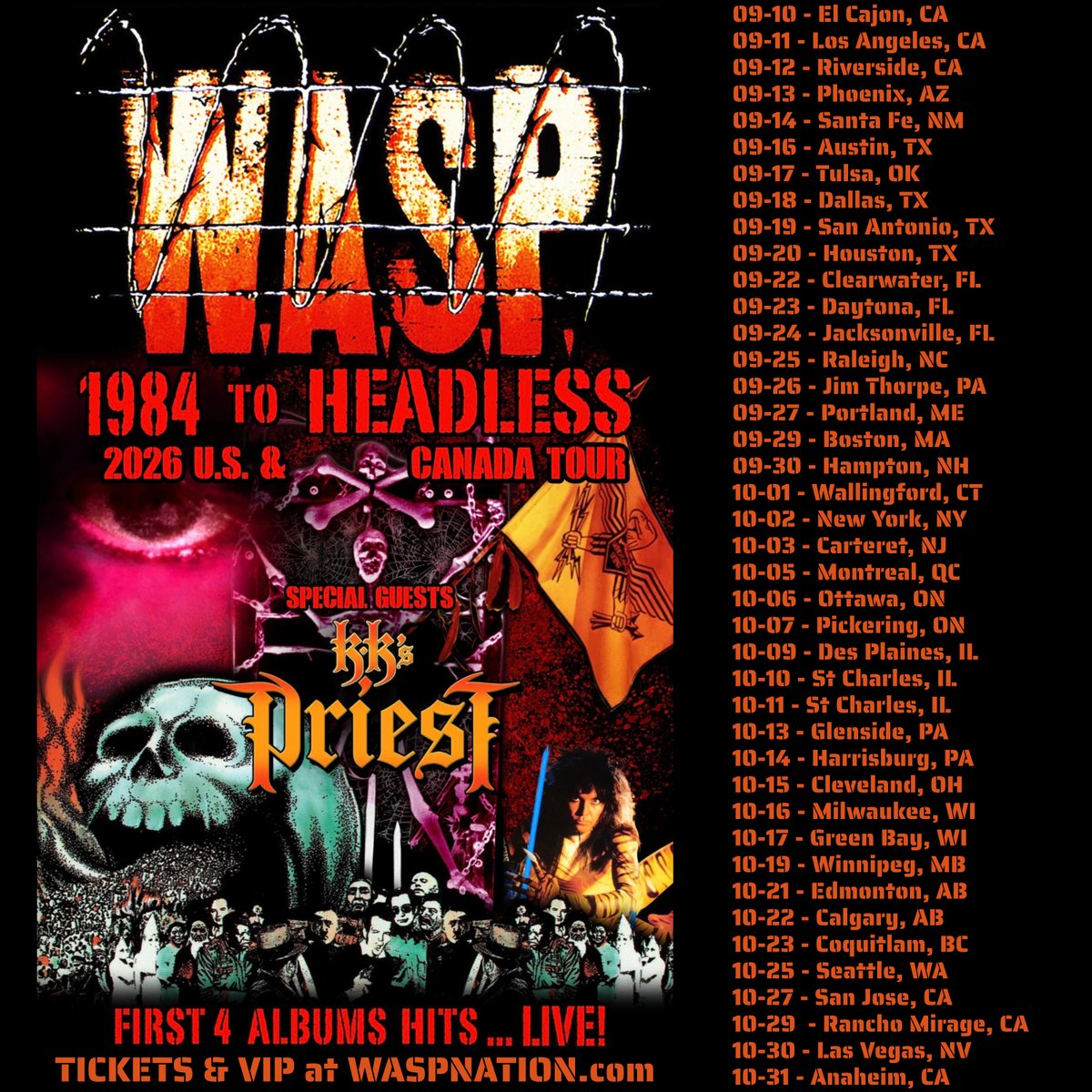 WASPOfficial's tweet photo. What show are you going to?

W.A.S.P. are bringing the “1984 to Headless” tour to the US and Canada with special guests KK’s Priest. Dates, Tickets and VIP: https://t.co/RXS6eD8H67 https://t.co/hrttIjLNKB