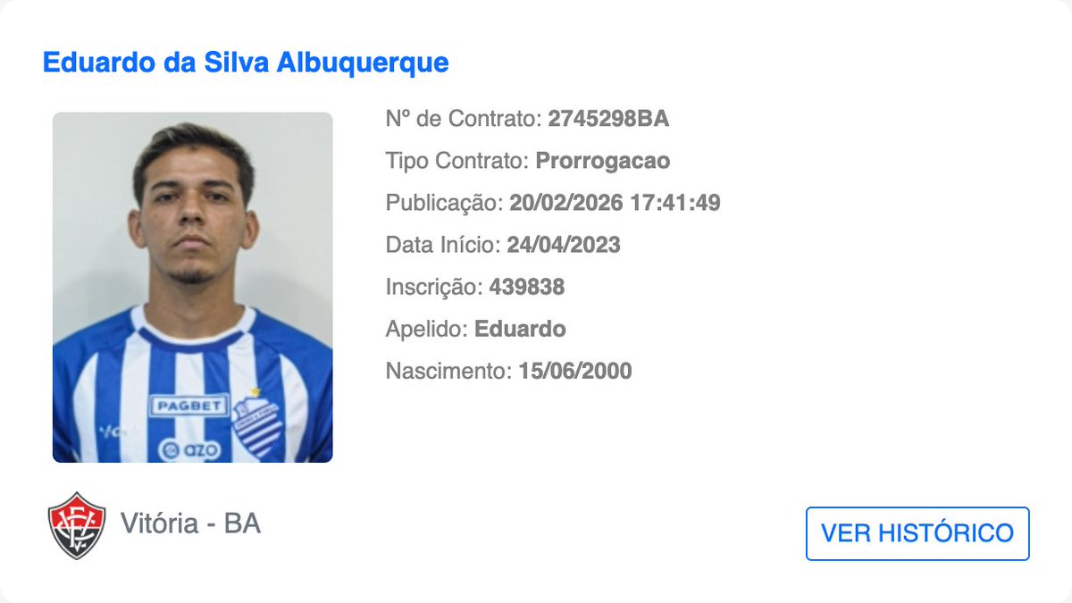bidDoVitoria's tweet photo. ✍️ Jogador publicado no BID: Eduardo
    
📅 Publicado em: 20/02/2026 17:41:49

📝 Tipo de contrato: Prorrogacao

🔚 Data de término do contrato: 31/12/2027

#Eduardo #BID #ECVitoria https://t.co/j4vXzYpmZd