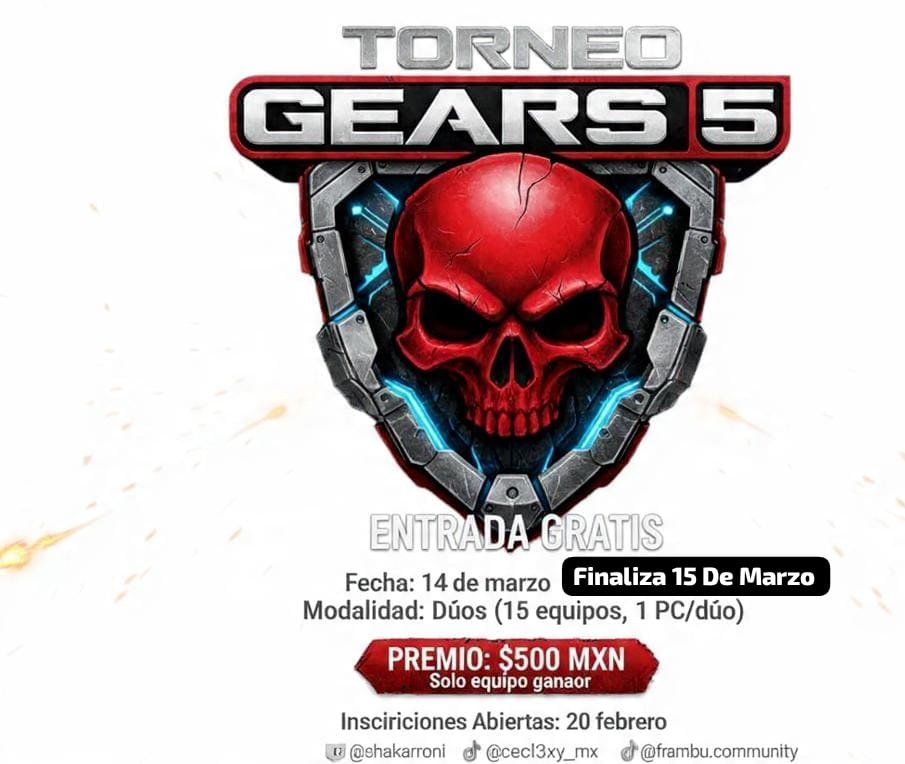 CeciS3xy_mx's tweet photo. Torneo Gears 5  

Entrada Gratis

Fecha: 14 de Marzo

Hora: 20:00 Pm

Finaliza 15 del mismo mes

 Modalidad: Dúos (16 equipos, uno d pc por dúo) 

Premio: 500 MXN Para Un 
Sólo Equipo Winner

Inscripciones Abiertas 
20 de febrero https://t.co/2Z45TVi7ck