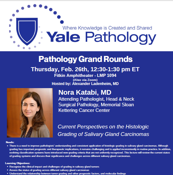 Join us for #Pathology Grand Rounds on Thu., Feb. 26 at 12:30 PM ET as Nora Katabi, MD, of <a href="/MSKCancerCenter/">Memorial Sloan Kettering Cancer Center</a>, presents on “Current Perspectives on the Histologic Grading of Salivary Gland Carcinomas” <a href="/YaleMed/">Yale School of Medicine</a> <a href="/YaleCancer/">Yale Cancer Center</a> tinyurl.com/5debekmm