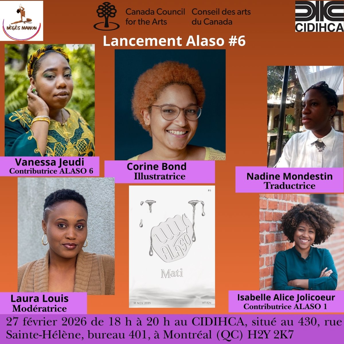 Neges_Mawon's tweet photo. REJOIGNEZ-NOUS LE VENDREDI 27 FÉVRIER 2026 À MONTREAL AVEC CIDIHCA

Rejoignez-nous le 27février à 18 h pour le lancement de la sixième édition de notre anthologie féministe ALASO, sur le thème MATI [Martyr], au CIDIHCA 
📅27 Février 2026
📍430, rue Sainte-Hélène, bureau 401 https://t.co/58sTfuyfuM
