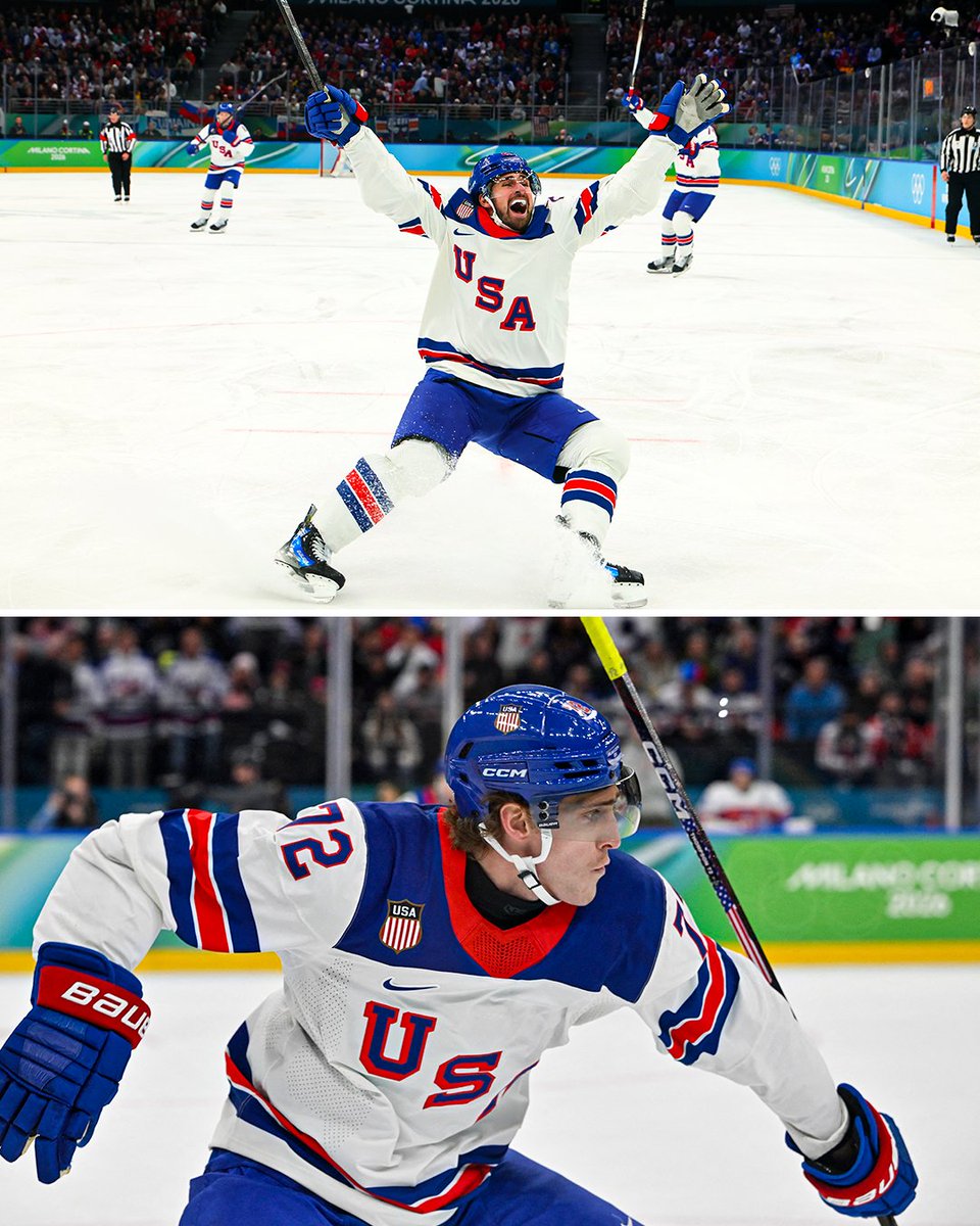 Dylan Larkin and Tage Thompson find the back of the net in the first 😮‍💨

USA holds a two-goal lead after the first frame 🇺🇸