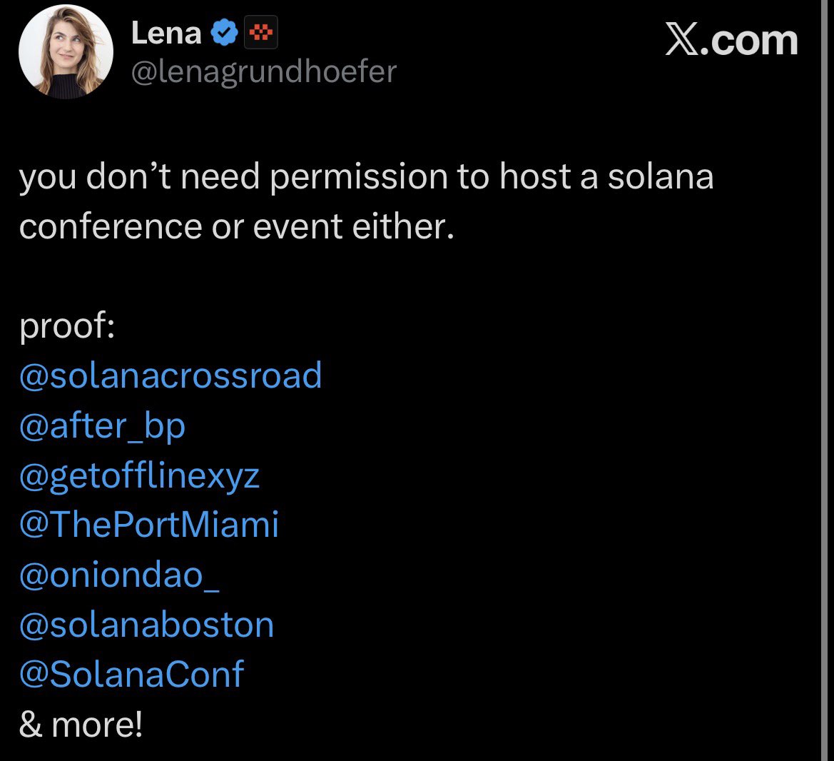 lenagrundhoefer's tweet image. the magic of the ecosystem is anyone, anywhere can host Solana events

to many more @SolanaEvents 🫡