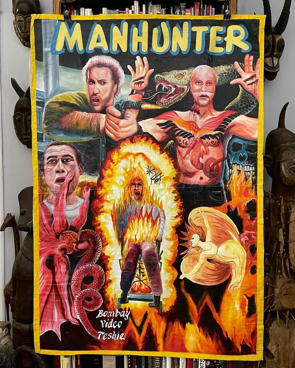 creatizine's tweet photo. In the 1980s, Ghanaian mobile cinemas moved from town to town with Generators, TVs & VCRs screening Hollywood films in rural areas with no electricity. With no printing access and without even watching the films, local Artists were commissioned to make posters for movie promotion relying on pure instincts, memories and creativity.
Today, @DeadlyPreyGalry is preserving these hand-painted movieposters.