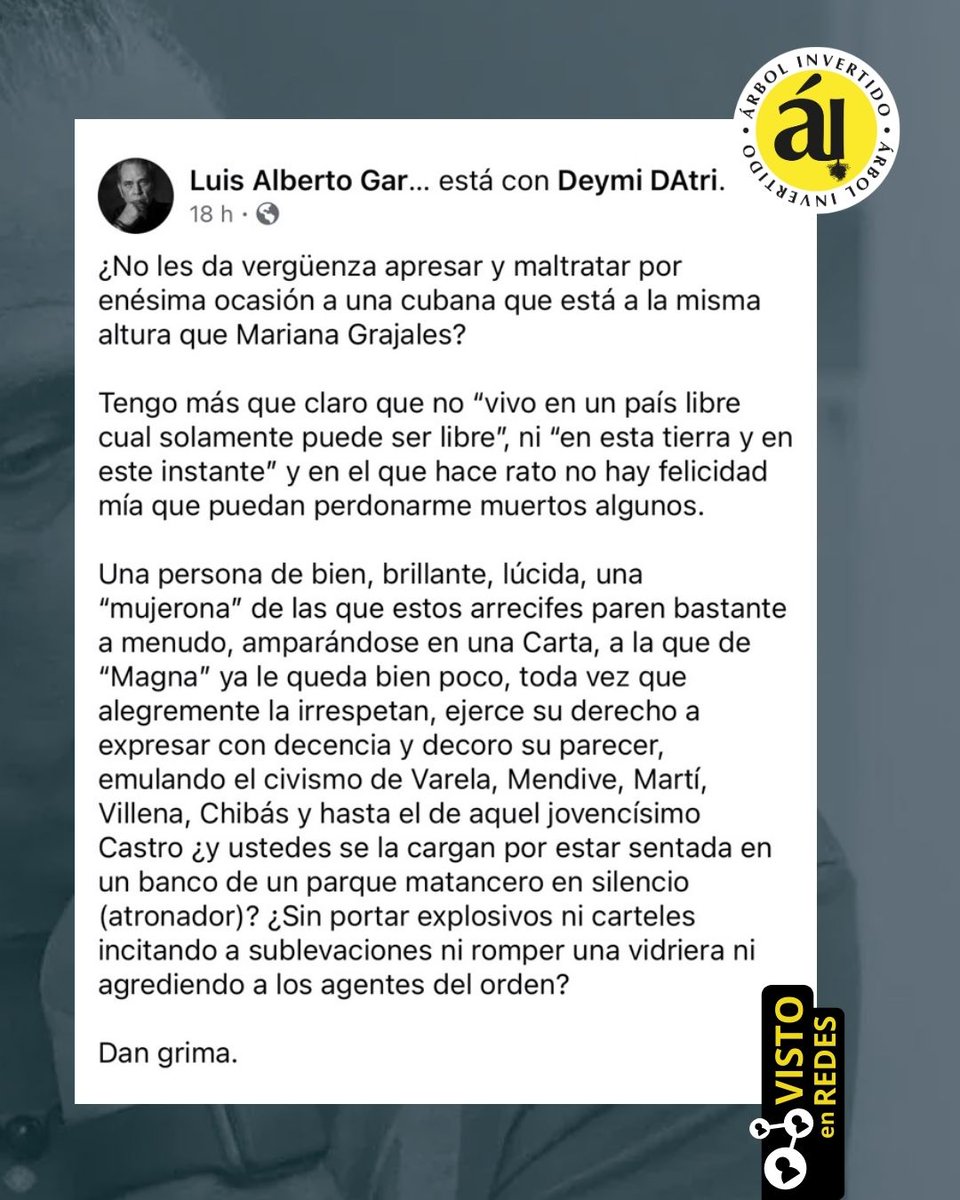 🔴 LUIS ALBERTO GARCÍA ESTALLA CONTRA LA DETENCIÓN DE ALINA BÁRBARA

El reconocido actor cubano Luis Alberto García publicó un mensaje en Facebook en defensa de la historiadora Alina Bárbara López Hernández tras su reciente detención en Matanzas por parte de la policía política