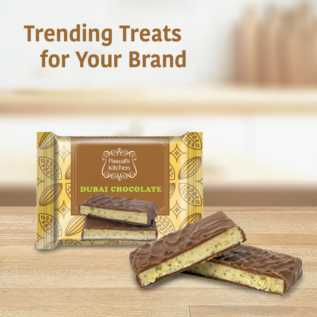 GoWhiteOak's tweet image. Pistachio and chocolate flavored treats are trending thanks to the popularity of #Dubaichocolate bars which have a pistachio cream filling, often including flakes of pastry. Order some of these branded bars for your next #clientappreciation campaign to get in on the hype!