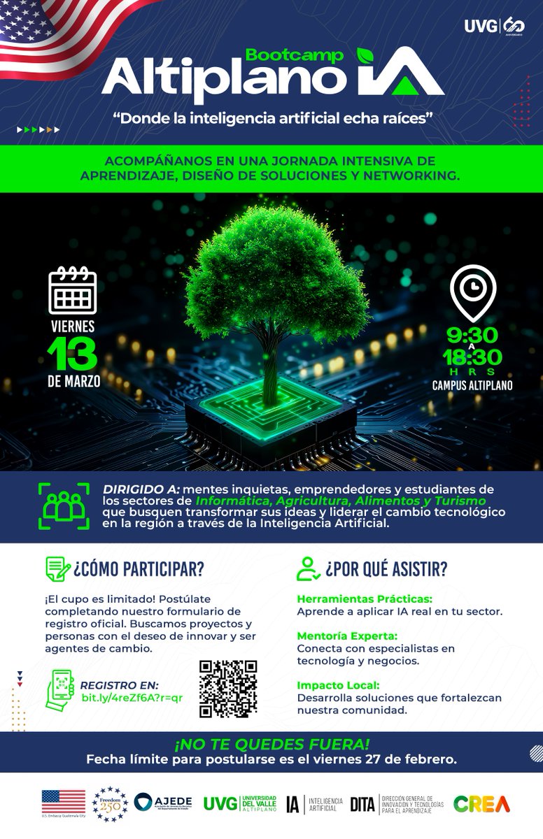 UVG Campus Altiplano presenta el Bootcamp Altiplano IA.

Una jornada intensiva para aprender, innovar y aplicar Inteligencia Artificial en Informática, Agricultura, Alimentos y Turismo.

📅 13 de marzo | ⏰ 9:30–18:30
⚠️ Cupo limitado
🔗Más info aquí: bit.ly/4reZf6A?r=qr