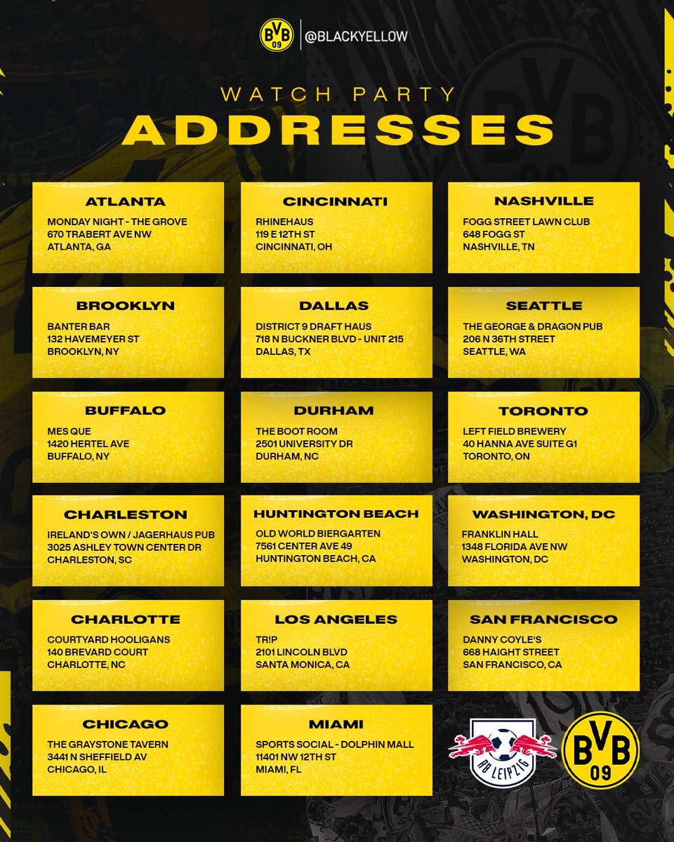 BlackYellow's tweet photo. From coast to coast! 🇺🇸🇨🇦

Join one of 1️⃣7️⃣ watch parties across North America at your local BVB fan club for our match vs. Leipzig! 🎉📺 https://t.co/X3vh1NCQZG
