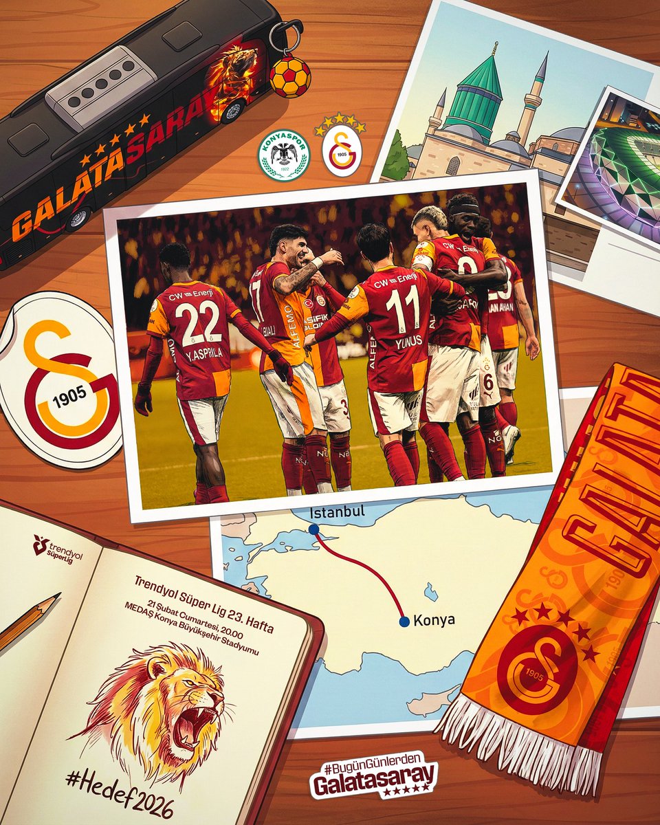 #BugünGünlerdenGALATASARAY 💪
🏆 Trendyol Süper Lig 2025-2026 Mehmet Ali Yılmaz Sezonu
🗓️ 23. Hafta
⚽ T. Konyaspor
📆 21.02.2026
⏰ 20.00
🏟️ MEDAŞ Konya Büyükşehir Stadyumu
📲 #KNYvGS
#KONSANTRASYON #Hedef26