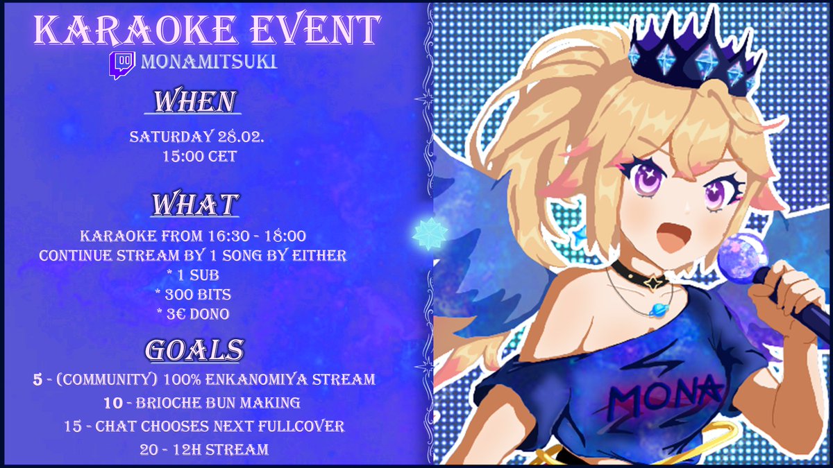 MonaMitsuki's tweet photo. ✨ SPECIAL ANNOUNCEMENT✨

Next week on Saturday 28th is my 
💙2 year streaming anniversary💙

To celabrate we will look back on this second year and then have a KARAOKE EVENT! 🎶

Party will start at 3pm and Karaoke will beginn at 4:30pm 

🎉THIS IS YOUR OFFICIAL INVITATION!🎉 https://t.co/K9MmryKLQW