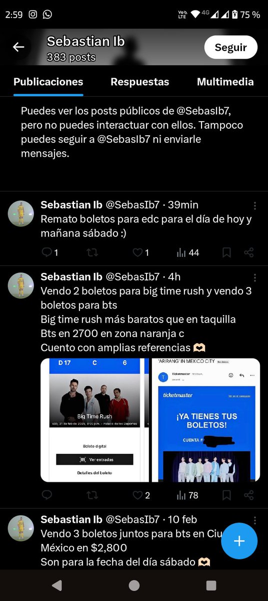 Alyzmt's tweet photo. @sebasIb7
Sebastián Ib
ALERTA ESTAFADOR‼️
Te  manda vídeo de los boletos para que confíes, y solo te pide la mitad para darte más confianza, pero después de depositarle te deja de contestar o te bloquea
Tarjetas a nombre de Leonardo Sebastián vera Ibaez +52 56 5896 4894 #ARMY https://t.co/KuowZm413m
