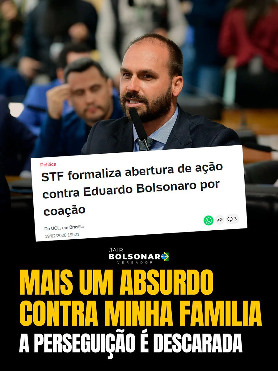 Dia após dia, minha família vive o peso de uma perseguição no judiciário que parece não ter fim. Agora, vemos mais uma ação contra o meu irmão <a href="/BolsonaroSP/">Eduardo Bolsonaro🇧🇷</a> , em um momento onde o sistema é usado claramente para nos atacar e nos manter sob pressão constante. É um absurdo ver a