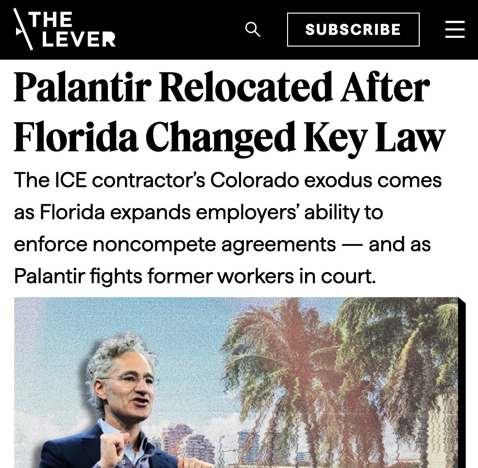 🚨NEWS: Palantir's abrupt move to Florida comes just after the state's GOP lawmakers boosted corporations’ power to prevent workers from leaving their jobs for competitors — and as Palantir is in court right now trying to enforce noncompete clauses against its former employees.