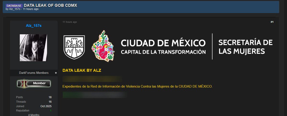 victor_ruiz's tweet photo. ⚠️🇲🇽Alerta: Se ha detectado una presunta filtración de información operativa y expedientes relacionados con la Red de Información de Violencia Contra las Mujeres de la Ciudad de México. La exposición, estimada en aproximadamente 5.12 GB de datos, https://t.co/JY92e53ARf