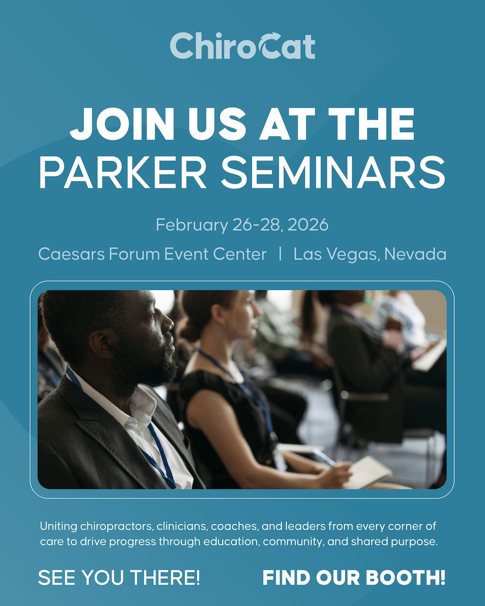 ChiroCatApp's tweet photo. ChiroCat will be at the Parker Seminar from February 26–28, showcasing our all-in-one chiropractic EHR and practice management platform.
Stop by our booth (216!) to see how ChiroCat is helping practices streamline operations, improve patient experience, and grow with confidence. https://t.co/dWas0F1uJm