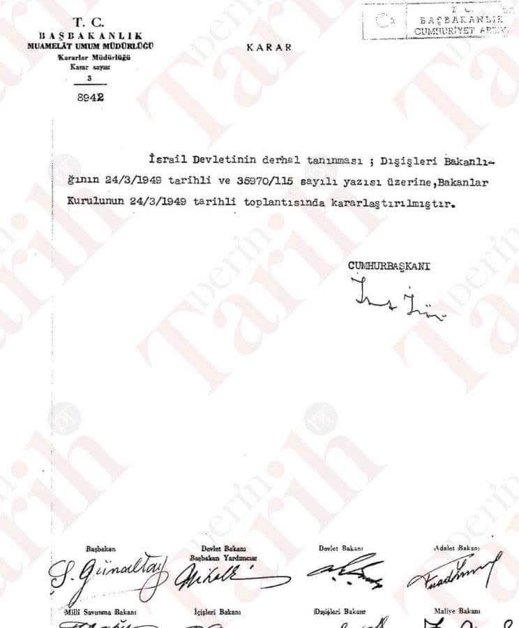 İttihatçı çetenin,
 Abdülhamid Han’ı tahtan indirir indirmez yaptığı ilk iş, 9 yıldır uygulanan Kudüs'e Yahudi göçünü yasaklayan kanunu yürürlükten kaldırmak olmuştu. 1948 yılına gelindiğinde bu sefer de torunları İsrail’i derhal tanıyacaktı.