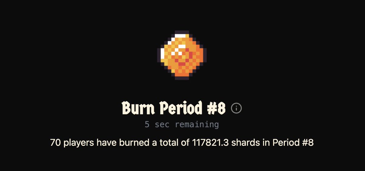 Burn Period #8 just finished <a href="/playdegenarena/">Duel Arena</a> ✅

Almost 118k shards have been burned in this period!

Data (last updated 7 hours ago) shows 7425 chests have been opened. We can probably expect ~8000 AT for every shard burned, with a total pool of over 900m AT.

This is, of