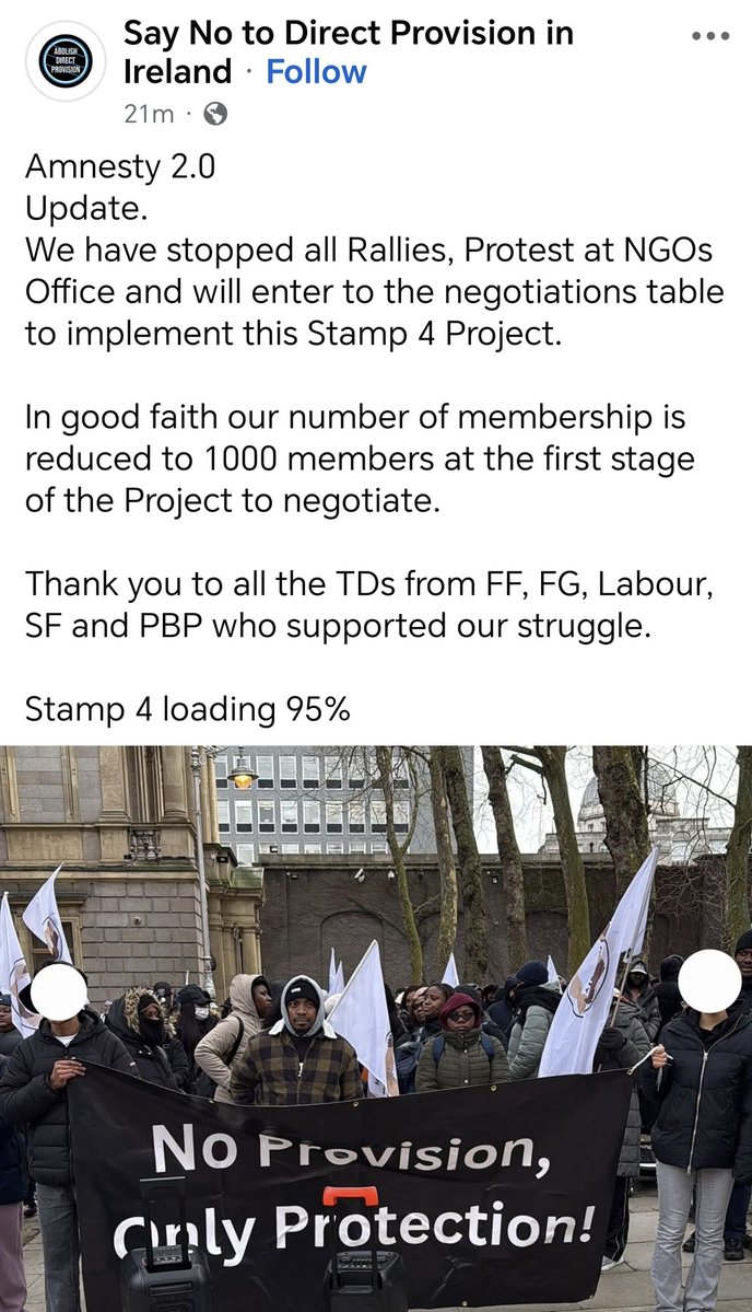 🇮🇪🚨 BREAKING! 

The migrants who have been protesting in Dublin for weeks demanding amnesty and an end to all deportations have just posted an update thanking government and opposition politicians. 

They say they are stopping all their rallies as they enter into negotiations