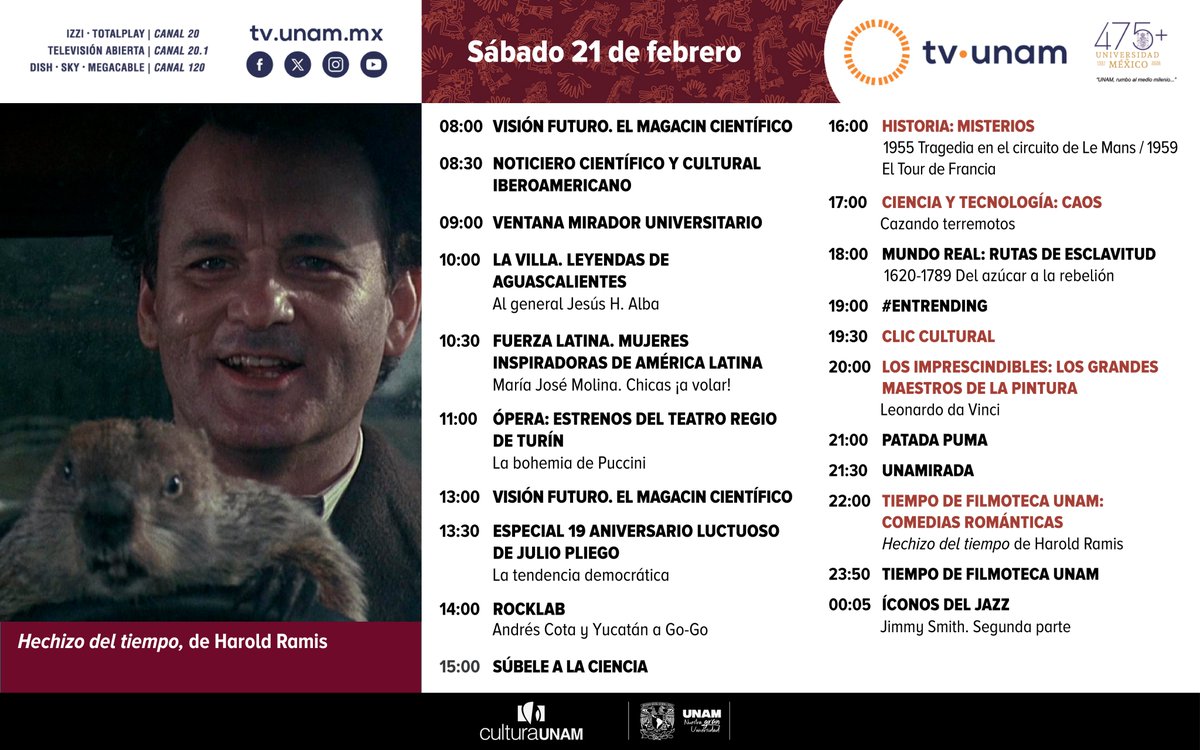 tvunam's tweet photo. 🤓📺Pasa un #felizsábado lleno de música, cine e historia con nuestra programación. Recomendamos: ópera🎻, #RockLab🤘, #Misterios🚗🚴♂️, «Cazando terremotos🎥», #RutasDeEsclavitud⛓️, #ClicCultural⛓️, #LosImprescindibles👨🎨, #PatadaPuma⚽️, #UNAMirada👁️y #TiempodeFilmotecaUNAM🎥 https://t.co/iMfr71FZMh