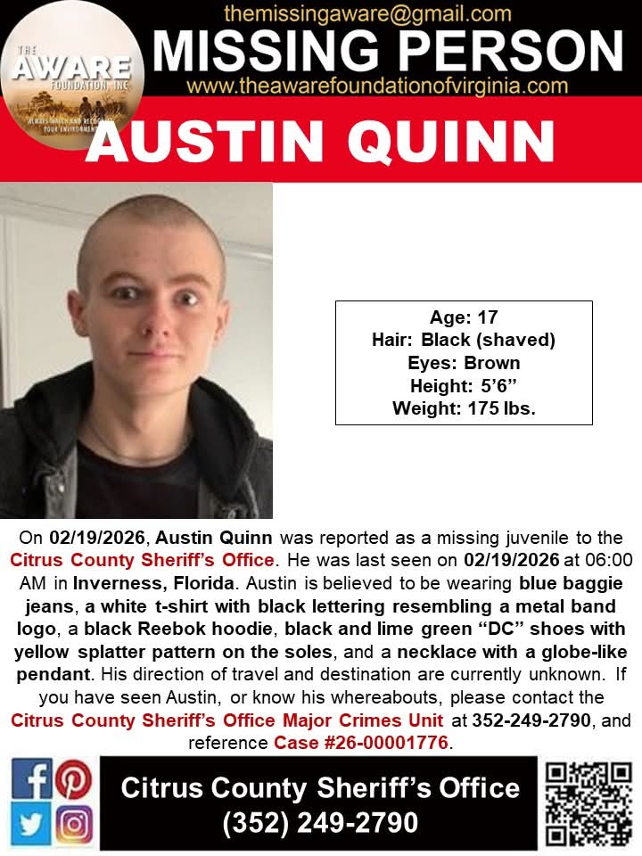 aware_the's tweet image. 🚨 MISSING JUVENILE – PLEASE SHARE 🚨

On 02/19/2026, Austin Quinn was reported missing to the Citrus County Sheriff's Office.

Austin was last seen on 02/19/2026 at approximately 6:00 AM in Inverness, Florida.

Description:

Blue baggie jeans

White t-shirt with black lettering