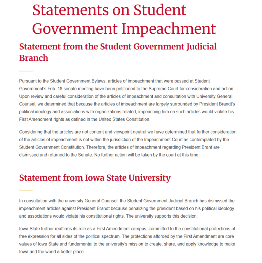 libsoftiktok's tweet image. UPDATE: The Articles of Impeachment against Iowa State University Student Body President Cobly Brandt have been DISMISSED.

It was determined that the articles against him were politically biased and a violation of his First Amendment rights.

AMAZING 👏