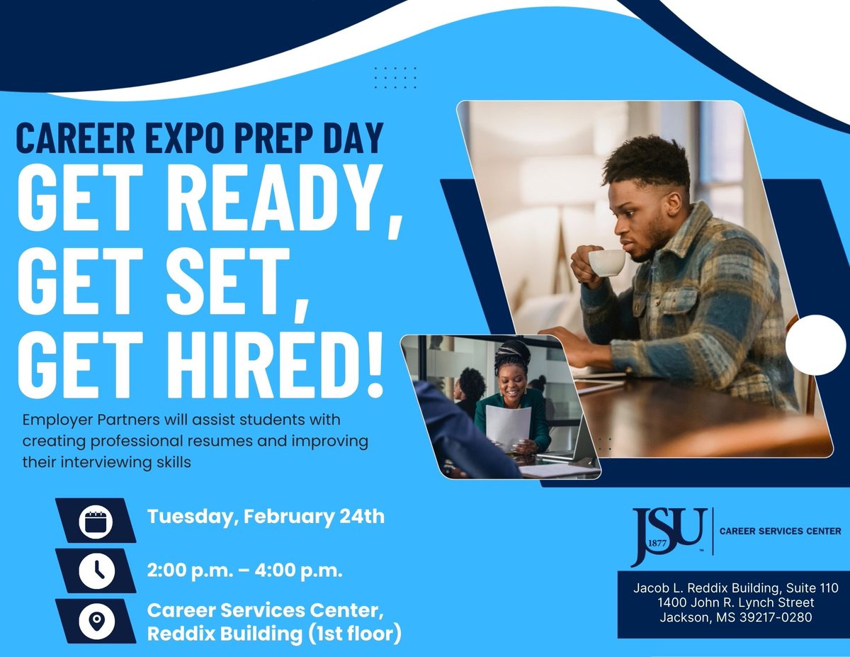 tigers2work's tweet photo. Ready to stand out at the Career Expo? 💼✨ Join us Tuesday, February 24th for Career Expo Prep Day and get expert help with your resume and interview skills. 
Register on Handshake TODAY! ✍🏽

📍Career Services Center 
🕑 2-4PM
🔗 https://t.co/0XEXbRYAKo

#JSUCareerServicesCenter https://t.co/6LhduuGQto