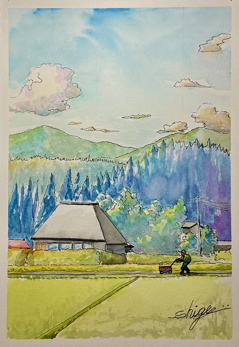 Peaceful rural scenery.(長閑な田園の風景)〜今朝も透明水彩絵の具を