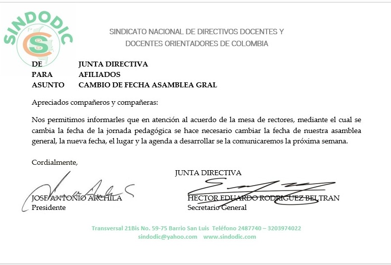 La Junta Directiva, les informa que se cambia la fecha de nuestra Asamblea General, la próxima semana les indicaremos lugar y fecha. #SINDODIC