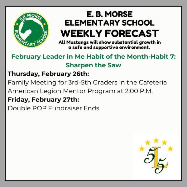 The Weekly Forecast for the Week of February 23-27, 2026. A plain text version of the schedule can be found at tinyurl.com/mrs2vs5e. #5StarCulture #WatchUsGrow