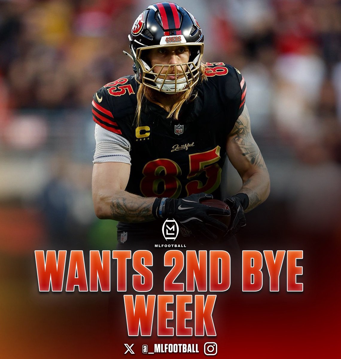 MLFootball's tweet photo. NEWS: #49ers star tight end George Kittle says the #NFL should add a SECOND BYE WEEK.

Kittle says it’s a “huge physical toll” in a 17-game season and is open to adding an 18th game for a 2nd bye week.

Star players like Joe Burrow have also advocated for similar two-bye rules. https://t.co/8sVPfJiBNs