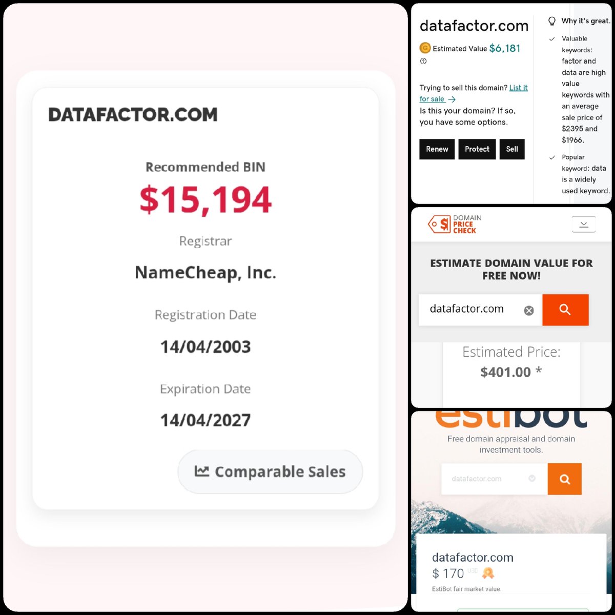 🌐 Datafactor .com

💰 Sold Price : $12,900

✔ @DNRater Recommended BIN : $15,194
✔ Godaddy Estimation : $6,181
✔ Estibot Valuation : $170
✔ InternetX Appraisal : $401

📌 Venue : <a href="/Sedo/">Sedo</a> 
📆 2026-02-15