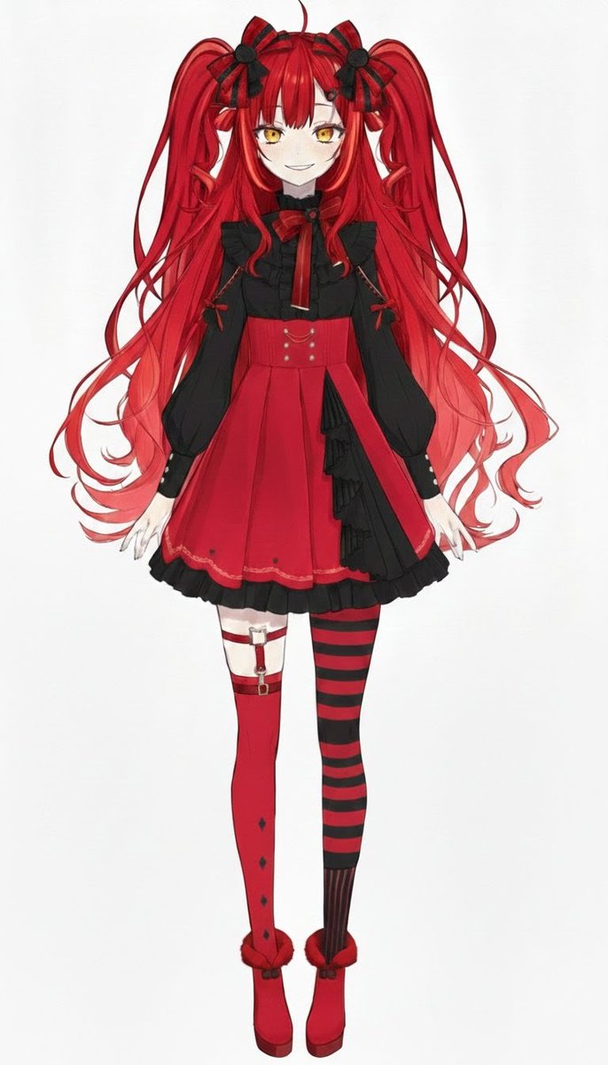 EvenLock2048's tweet photo. Switched things up! We went for a bold red and black palette, sharp golden eyes, and high-volume twin-tails for that "mischievous villain" energy. 👹🔥
#VTuberModel #CharacterDesign #GothicAnime #RedAesthetic #AnimeArt https://t.co/NwEdE87yQv