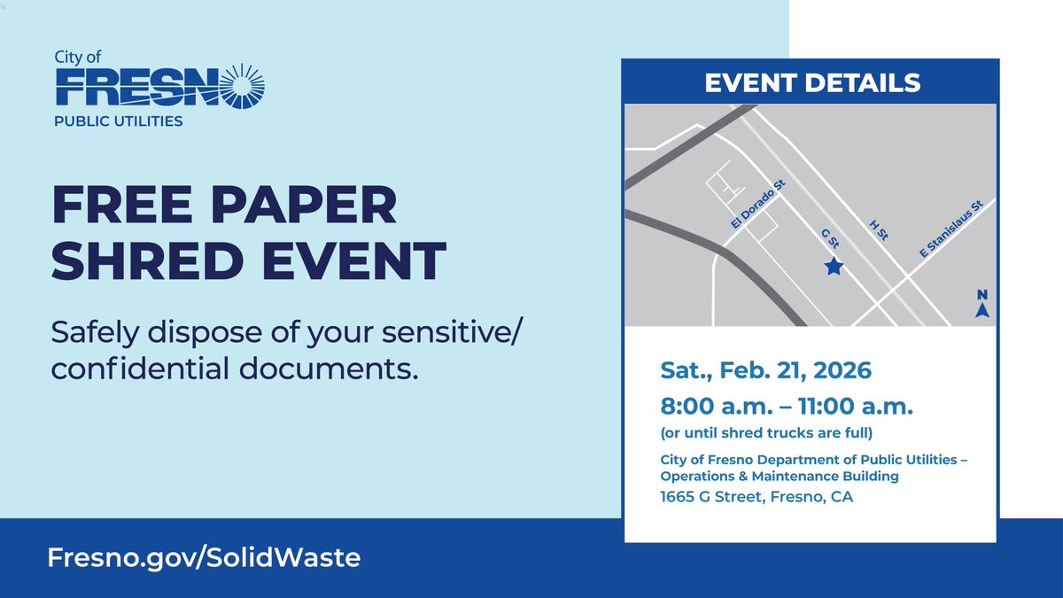 📄✂️ Tomorrow! FREE Paper Shredding Event

🕰️ 8–11 a.m. | 📍 1665 G St.
City of Fresno residential solid waste customers only.

Limit 3 boxes. Bring ID + City of Fresno utility bill.

👉 Fresno.gov/SolidWaste
