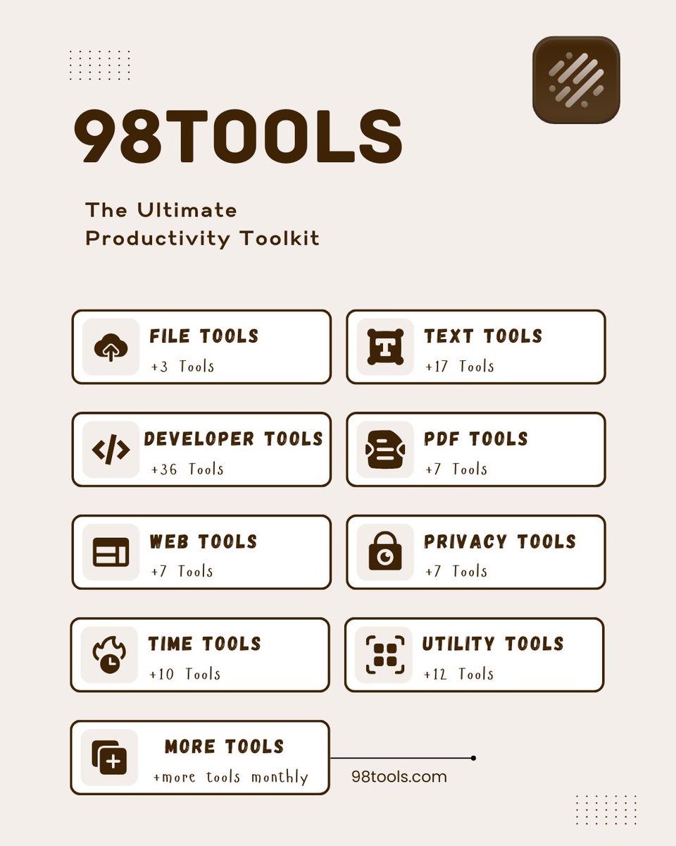 98_tools's tweet photo. Everything you need to build, optimize, and scale your projects. From development tools to productivity utilities, all in one beautifully crafted platform. https://t.co/I2VegekIqy