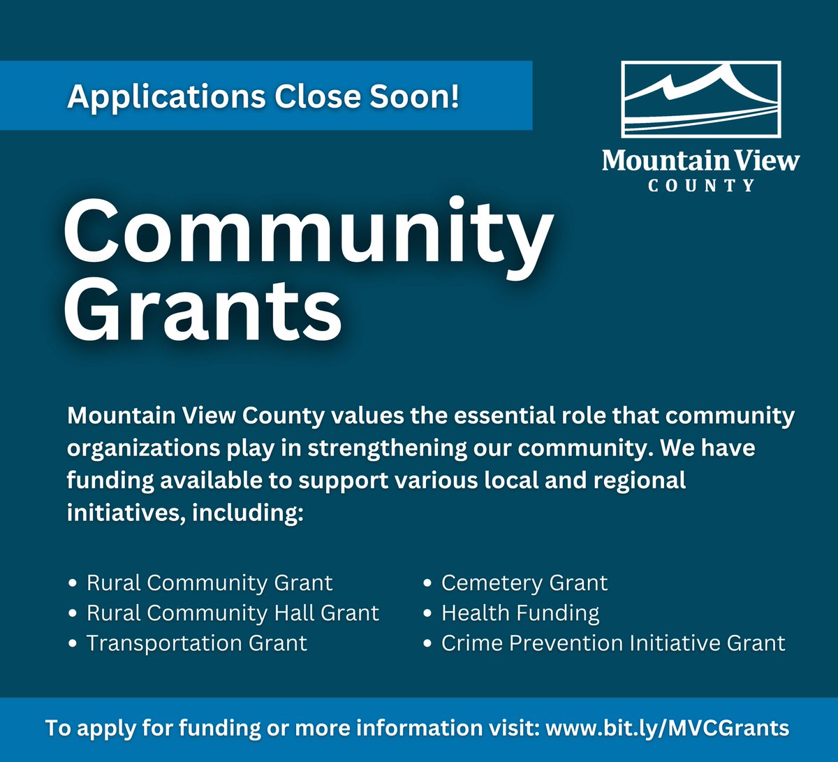 Get your applications in! 👉Application deadline is tomorrow, Feb 28!

For more information on grant details or the application process, please email grants@mvcounty.com or visit: mountainviewcounty.com/p/county-grant…