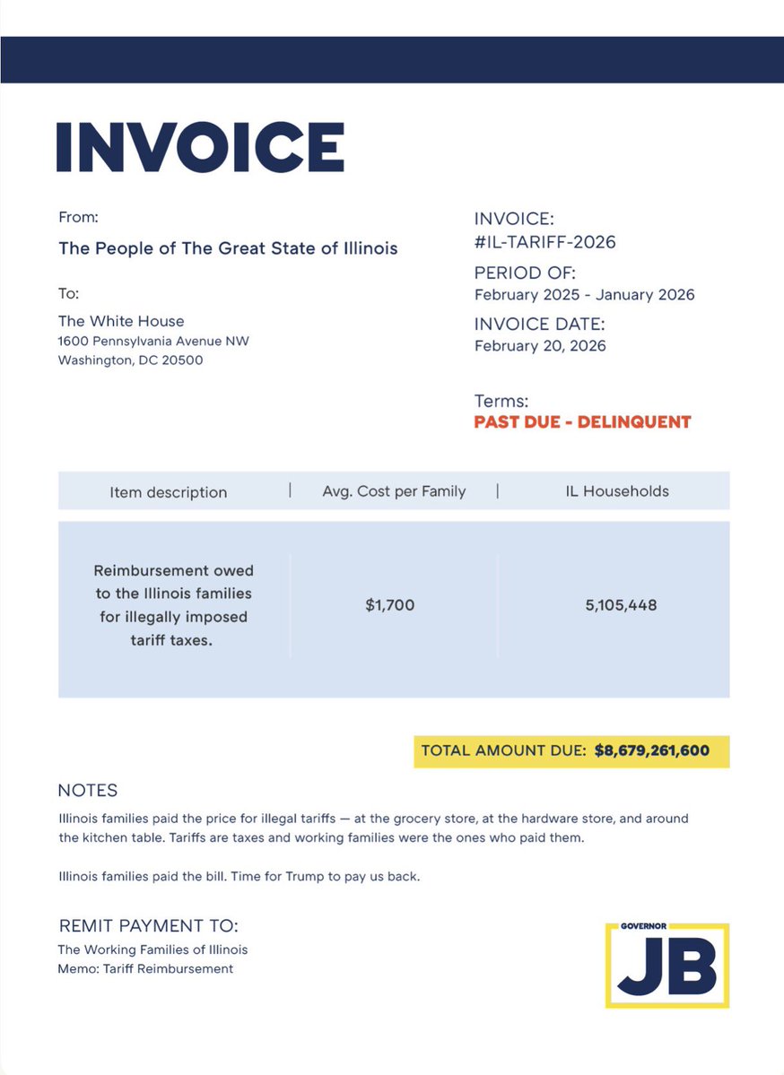 MeidasTouch's tweet image. NEW: Illinois Gov. JB Pritzker sent Trump a letter and an invoice demanding the return of $8.6 billion taken from Illinois families after the Supreme Court ruled Trump’s tariffs are illegal.
