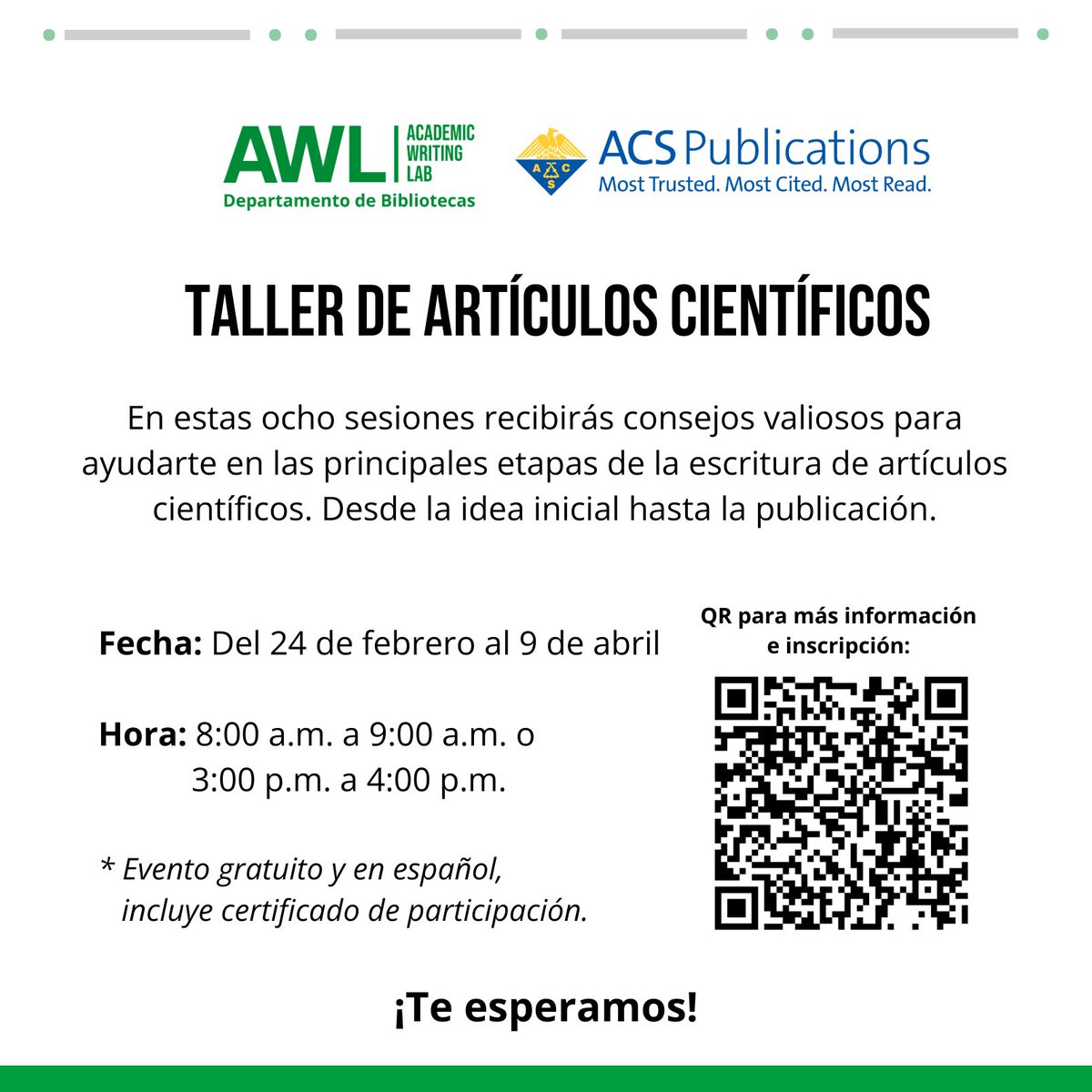 📝✍️ ¿Quieres publicar tu investigación y no sabes por dónde empezar? Este taller de artículos científicos te guiará paso a paso.

📚 Duración: 8 sesiones
📅 Del 24 de febrero al 9 de abril de 2026
📍 Inscríbete aquí:
american-chemical-society.zoom.us/webinar/regist…