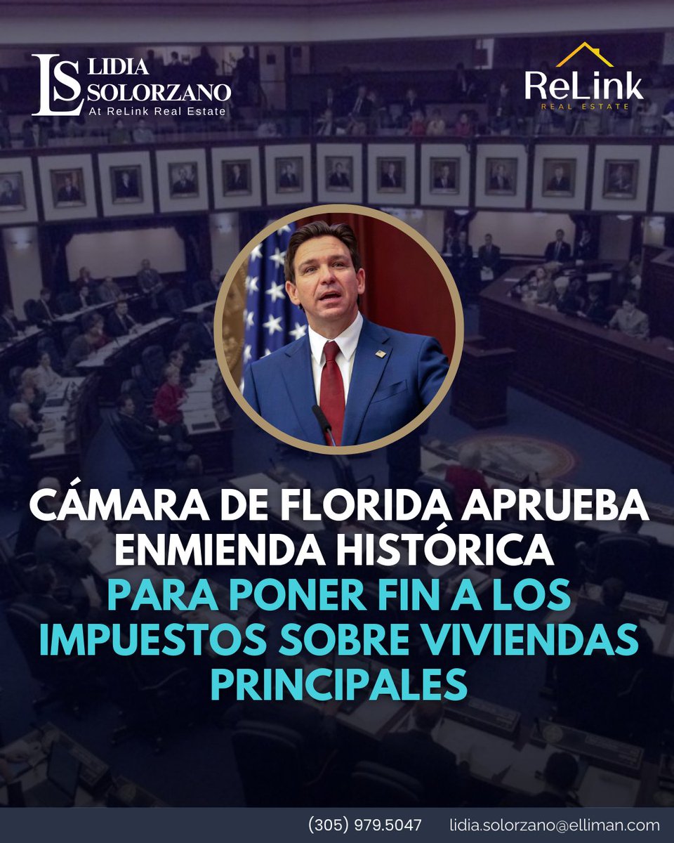 Realtor_Lidia's tweet photo. 🚨 BREAKING NEWS en Florida 🏡

La Cámara estatal aprobó una propuesta de enmienda que busca eliminar gradualmente los impuestos sobre viviendas principales (homestead), manteniendo solo los impuestos escolares.

⚠️ Aún no es ley: debe pasar por el Senado y luego ser aprobada por los votantes.

De concretarse, podría reducir el costo de ser propietario y tener un impacto importante en el mercado inmobiliario de Florida.

¿Crees que esta medida motivará a más personas a convertirse en homeowners?
Te leo en los comentarios.