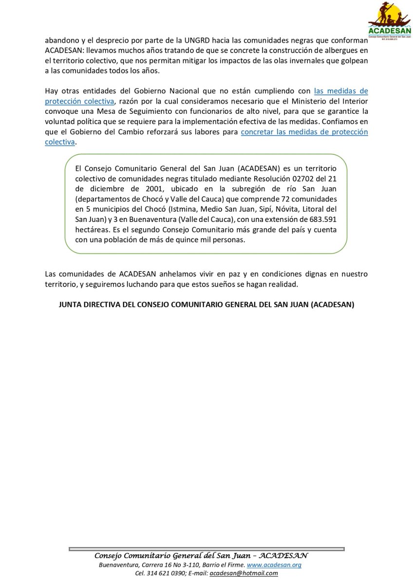 🚨 #ComunicadoUrgente |72 comunidades de ACADESAN en el San  Juan, Chocó enfrentan una doble emergencia: el conflicto armado  y la devastación por la ola invernal. Hay riesgo inminente de  desplazamiento masivo, urge implementar la protección colectiva. <a href="/Jomary_O/">Jomary Ortegon O.🕊️</a> <a href="/julianflorezqu1/">Julián Flórez Quiroga</a>