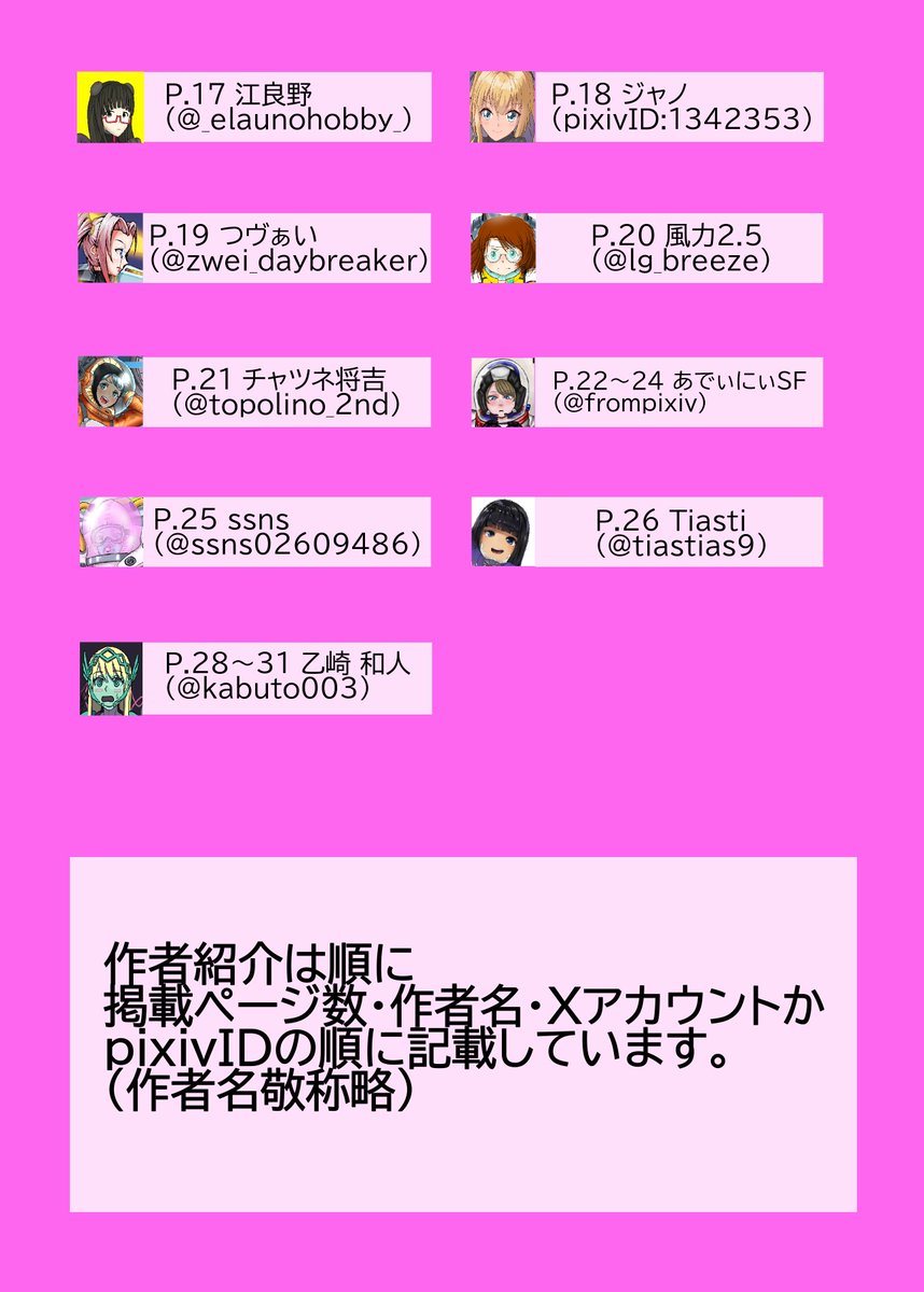 【イベント参加のお知らせ】
2月22日のコミティア155にスペース出展いたします。
スペースは東5 N02aとなります。
オリジナル誌の新刊・既刊共に持ち込みますのでご興味のある方はスペースまでお越しいただけますと幸いです。新刊の寄稿者については画像をご参照ください。