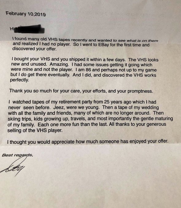 86 year old man sends heartfelt letter to eBay seller after buying VHS player