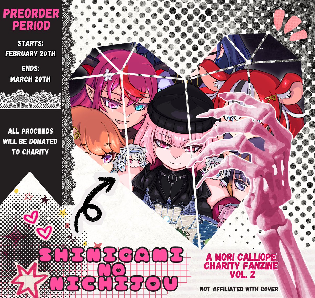 Henlo everybody! I’ve been granted the honor of being a part of this wonderful charity fanzine amongst many talented and skilled artists. 🩷

For Mori Calliope, Save the trees! See the deets⬇️!
#callillust #shini_no_nichi