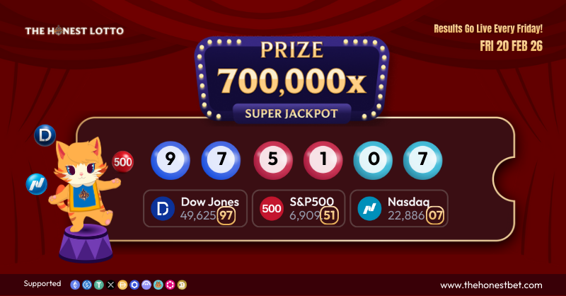 TheHonestLotto's tweet photo. Latest Jackpot Lotto Result Is Out! 🎉
Our super jackpot draw based on $DJI, $SPX, and $IXIC has been released!

✨ Winning Number: 975107✨
Check your tickets and claim your 700,000x

$DOGE $XRP $AAVE $CAKE $USDT $USDC
Open Account: https://t.co/SWjWrfoN48 https://t.co/JLdyTdUUJ8