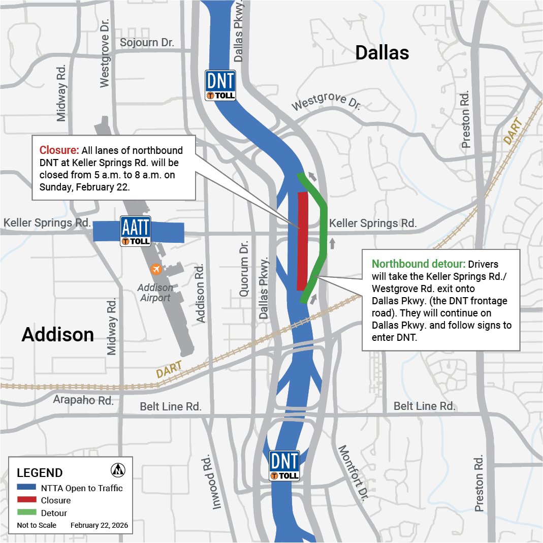 Sunday morning Dallas North Tollway (DNT) closure in Addison: All lanes of northbound DNT at Keller Springs Rd. closed (Sun., 2/22, 5:00 a.m. – 8:00 a.m.)